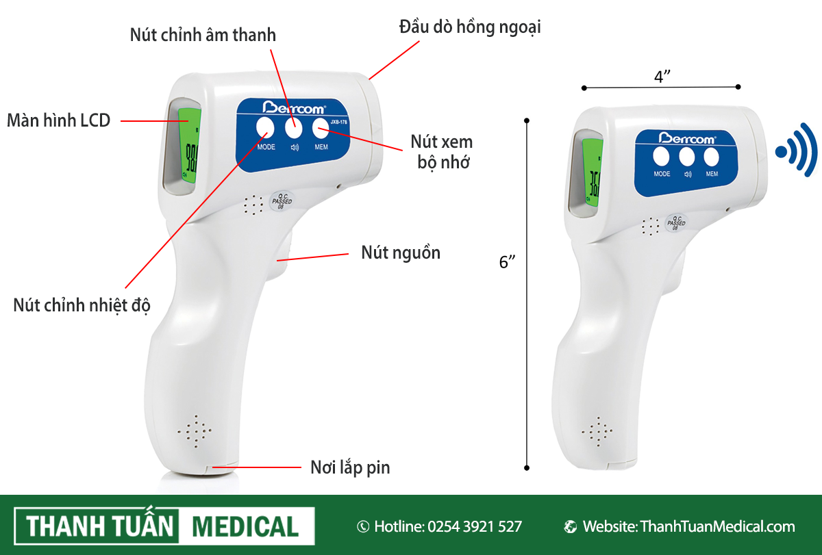 Cấu tạo nhiệt kế hồng ngoại đo trán không tiếp xúc Berrcom JXB-178