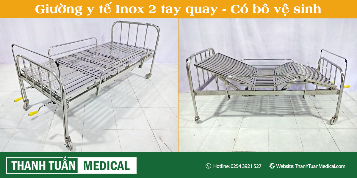 Giường Y Tế Inox 2 Tay Quay - Có Bô Vệ Sinh