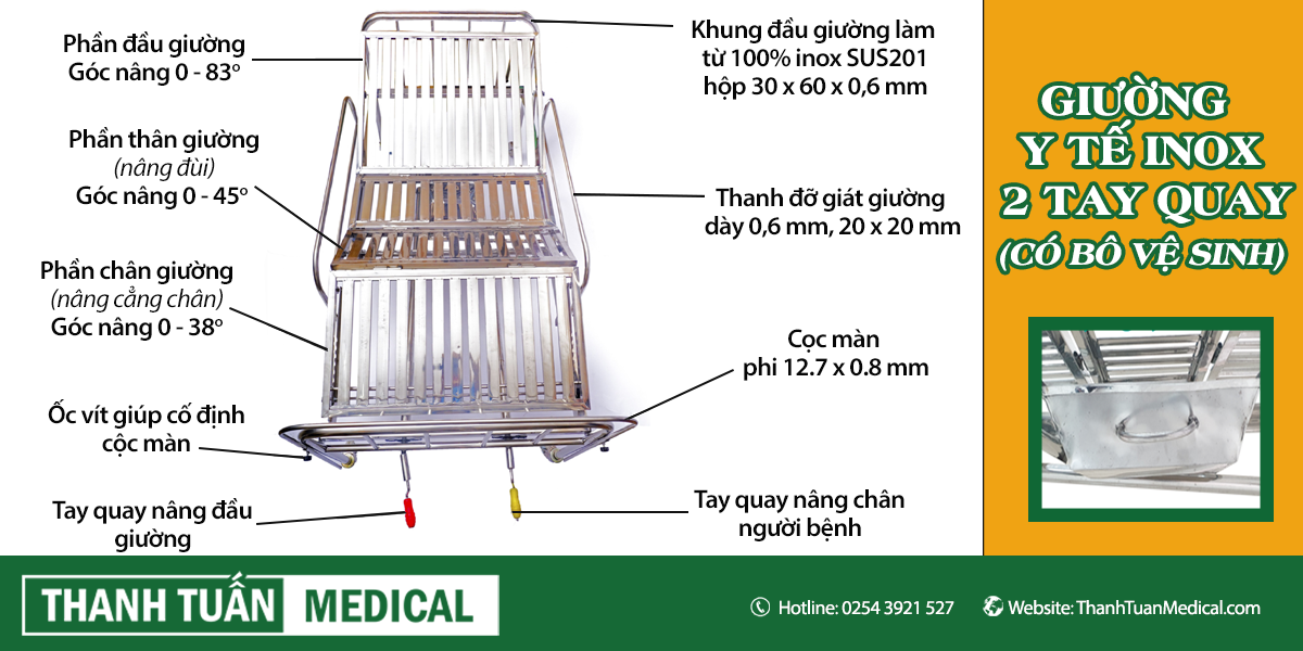 Giường Y Tế Inox 2 Tay Quay - Có Bô Vệ Sinh