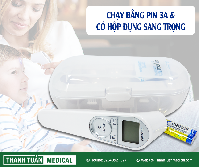 Nhiệt kế hồng ngoại Microlife NC200 hoạt động bằng pin 3A và có hộp đựng sang trọng