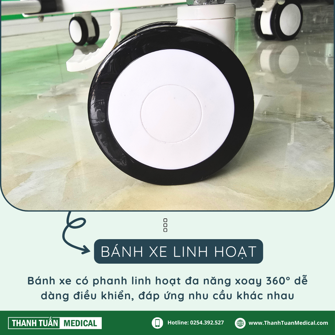 Bánh xe đa năng phanh chân linh hoạt, không gây tiếng ồn, dễ điều khiển