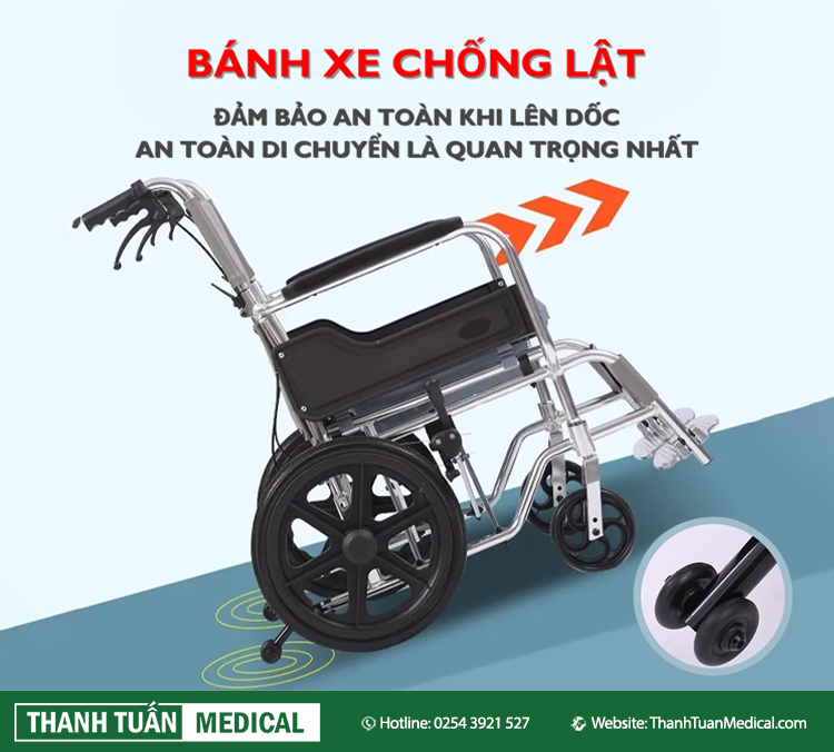 2 bánh xe chống lật đảm bảo an toàn khi lên dốc