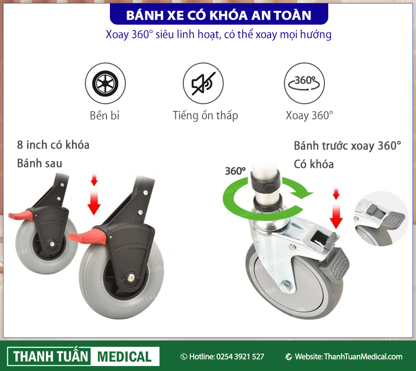 4 bánh xe đều có khoá an toàn