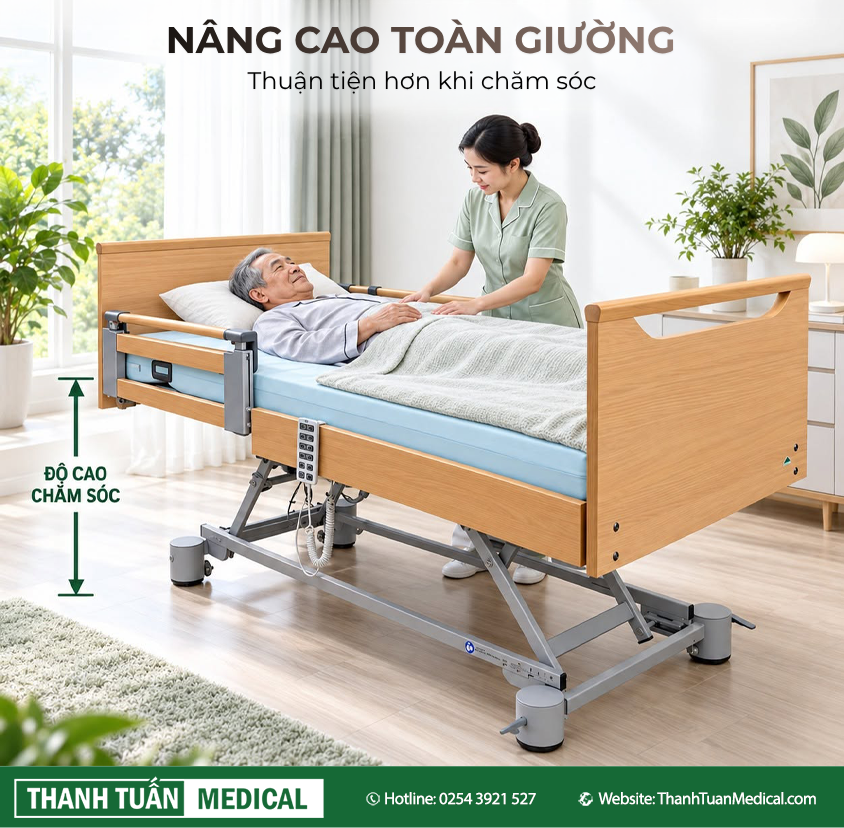 Chức năng điều chỉnh độ cao nâng giường lên độ cao phù hợp cho người chăm sóc Chức năng điều chỉnh độ cao nâng giường lên độ cao phù hợp cho người chăm sóc