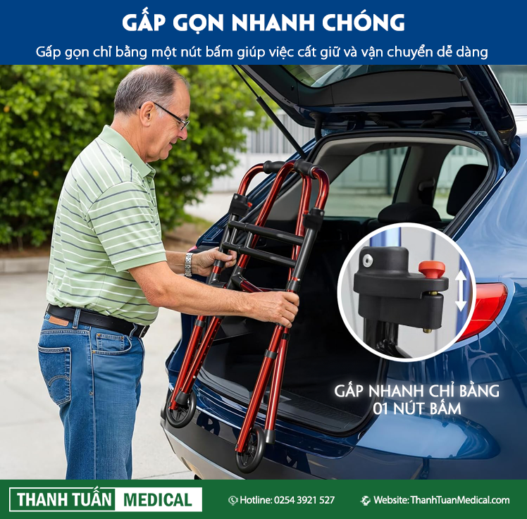 Gấp mở bằng nút bấm dễ dàng cất xe tập đi vào cốp xe