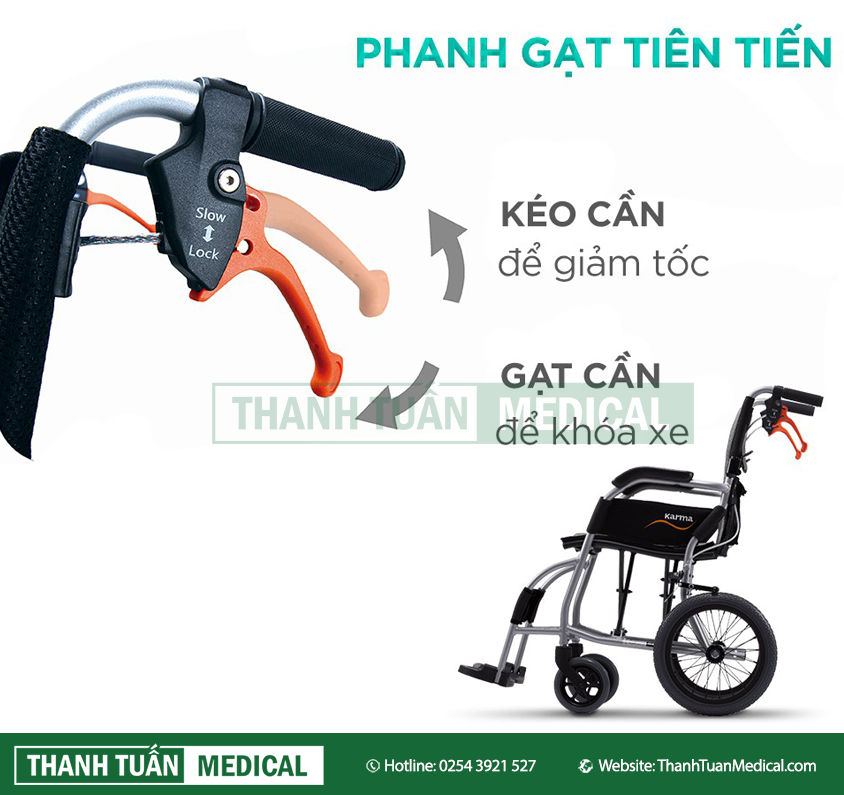 Xe lăn tay nhôm Karma Ergo Lite có hệ thống phanh tiên tiến