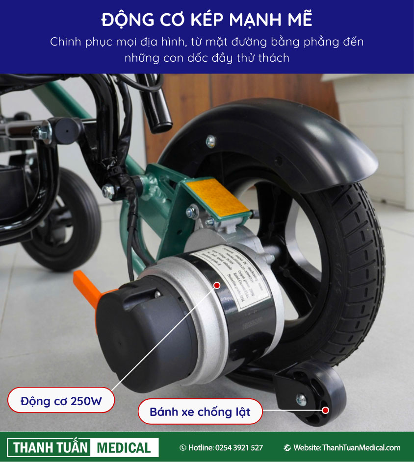 Hai động cơ 250W với tổng công suất 500W, dễ dàng vượt dốc Hai động cơ 250W với tổng công suất 500W, dễ dàng vượt dốc