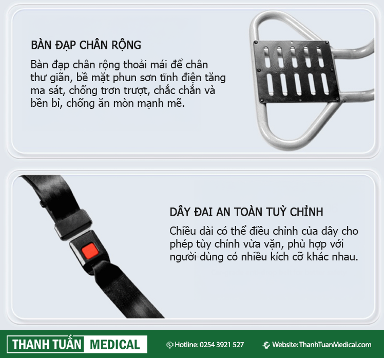 Bàn đạp chân rộng và dây đai an toàn được gia cố