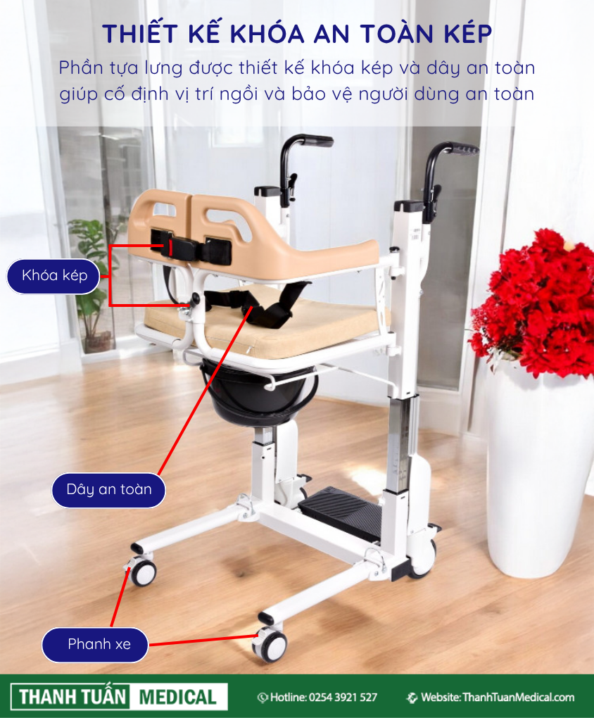 Phần tựa lưng sử dụng thiết kế kép gồm khóa và dây an toàn Phần tựa lưng sử dụng thiết kế kép gồm khóa và dây an toàn